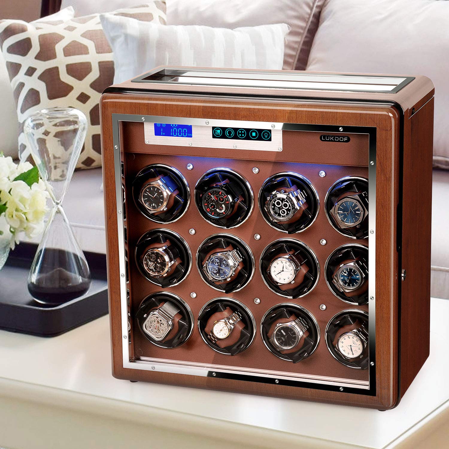 LUKDOF Automatic Watch Winder, Luxury Walnut Watch Winder for Rolex with Quiet Motor and Adjustable Upgraded Watch Pillows Battery Powered or AC Adapter Watch Winder Box for Men and Women