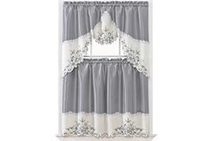 GOHD Arch Floral Kitchen Curtain Set/Swag Valance & Tier Set. Nice Matching Color Floral Embroidery on Border with cutworks (