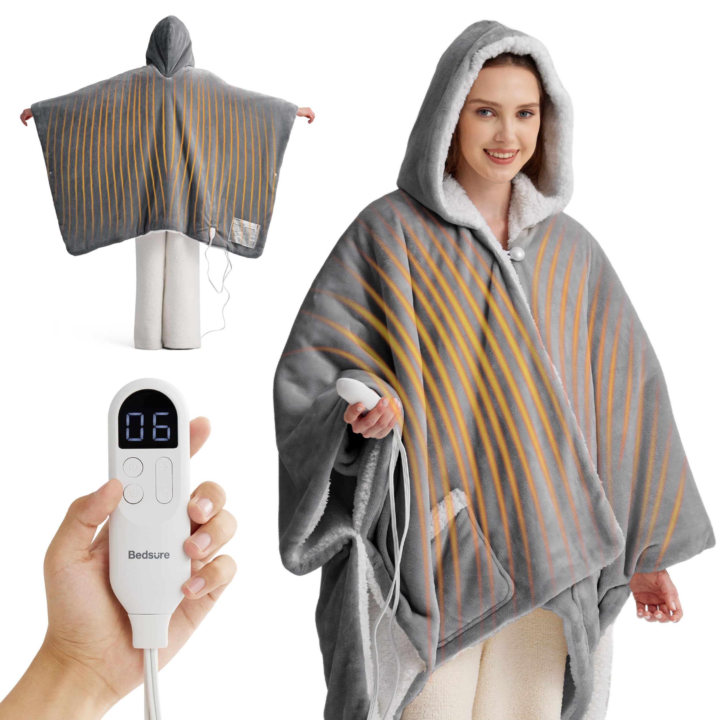 Photo 1 of Bedsure Heated Blanket Wearable Shawl - Electric Wrap Poncho Blanket Hoodie for Adult, Birthday Gifts for Mom Women, Sherpa Heating Throw with 4 Time Settings & 6 Heat Settings, 55x64 inches, Grey