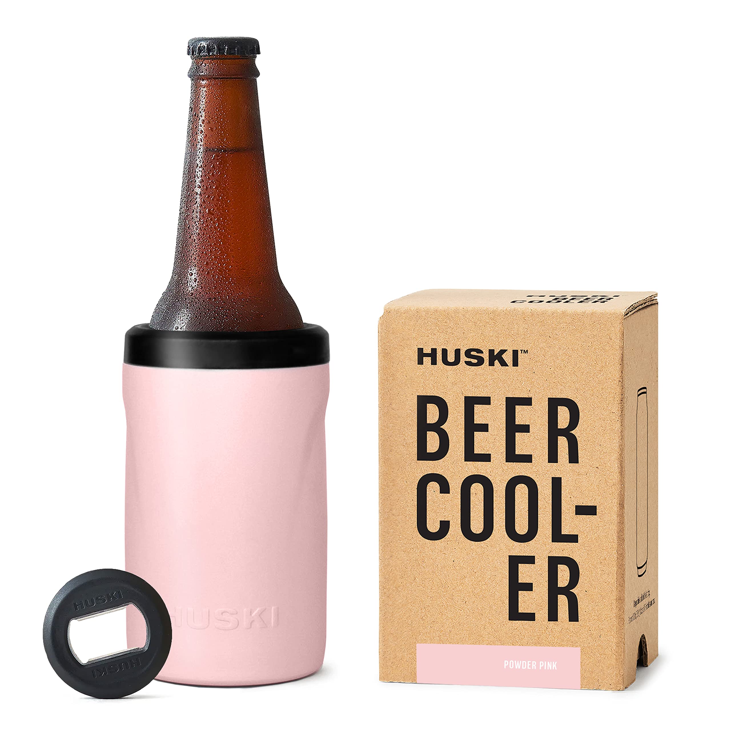 Huski Beer Cooler 2.0 | New | Premium Can and Bottle Holder | Triple Insulated Marine Grade Stainless Steel | Detachable 3-in-1 Opener | Works as a Tumbler | Best Gifts for Beer Lovers (Powder Pink)