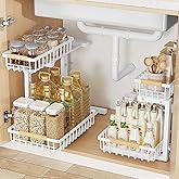 2 Pack 2 Tiers Pull Out Under Sink Organizers, Metal Kitchen Storage Shelf, Pull Out Under Sink Storage Rack, Multi-purpose Under Sink Shelf Organizer for Under Sink Cabinet Bathroom Kitchen (White)