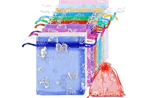 AvoDovA 100 Pcs Organza Gift Bags, 9x12cm Small Mesh Gift Bags with Drawstring, 10 Colors Candy Mesh Pouches with Butterfly P