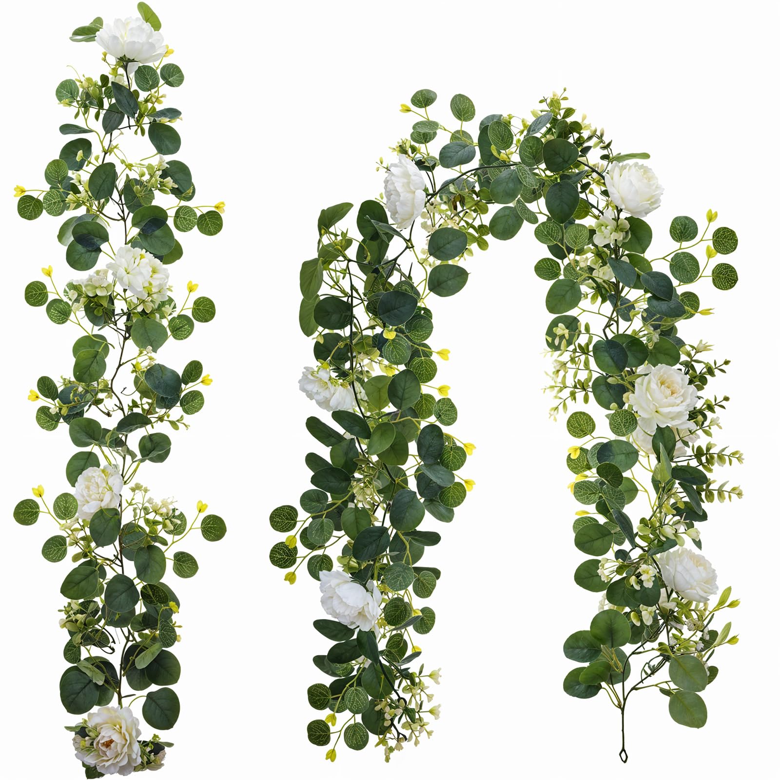 Photo 1 of 2 Pack 6Ft White Flower Garland with Eucalyptus Leaves, Faux Floral Garland Artificial Flower Garlands Decoration for Wedding Table Runner Decor, Party Backdrop