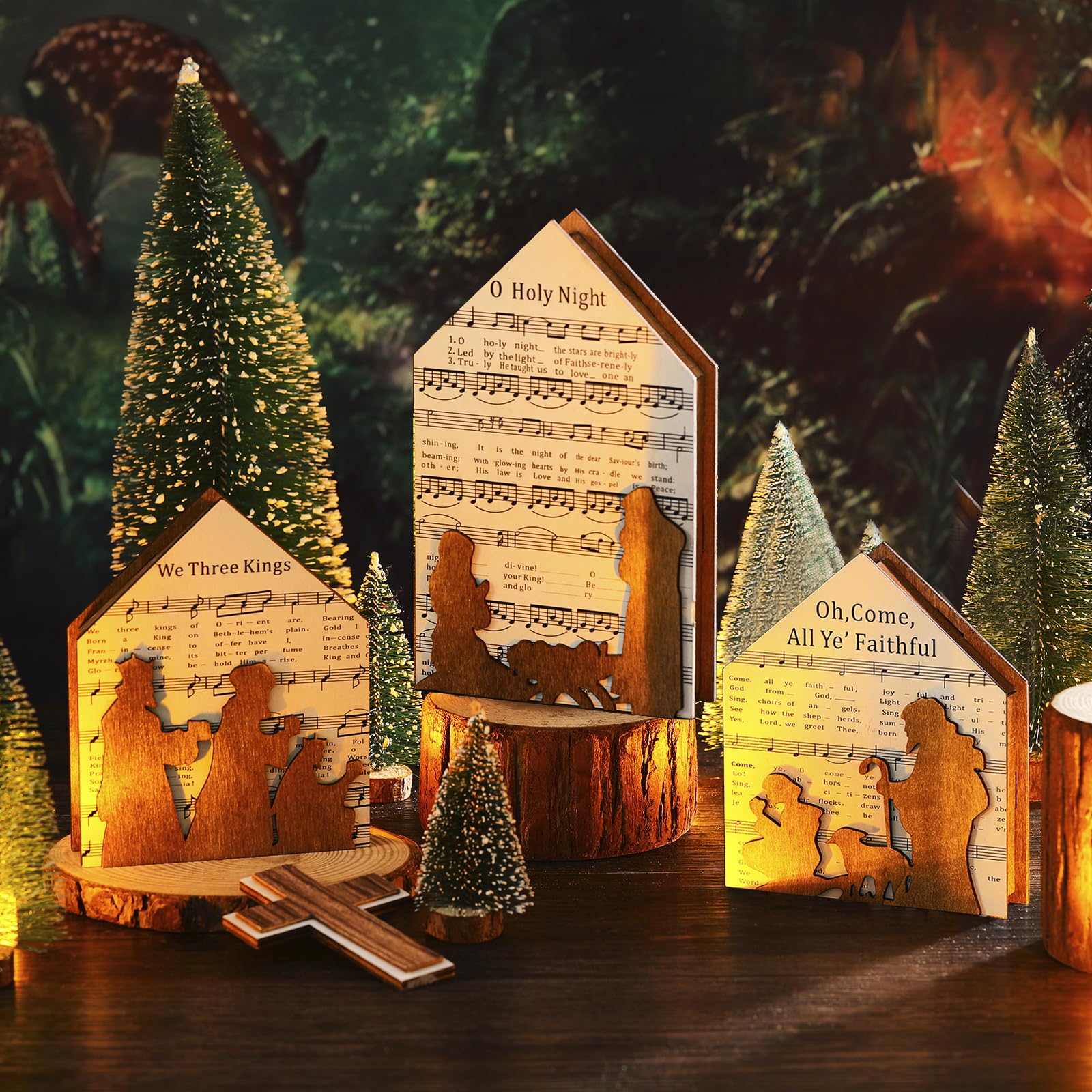 Photo 1 of *NIGHT IS MISSPELLED* Cinnvoice 3 Pcs Christmas Nativity Scene Table Ornament Christian Music Sheet Decor Christmas Wooden Decor Religious Rustic Nativity Scene Indoor Religious Ornament for Shelf Fireplace