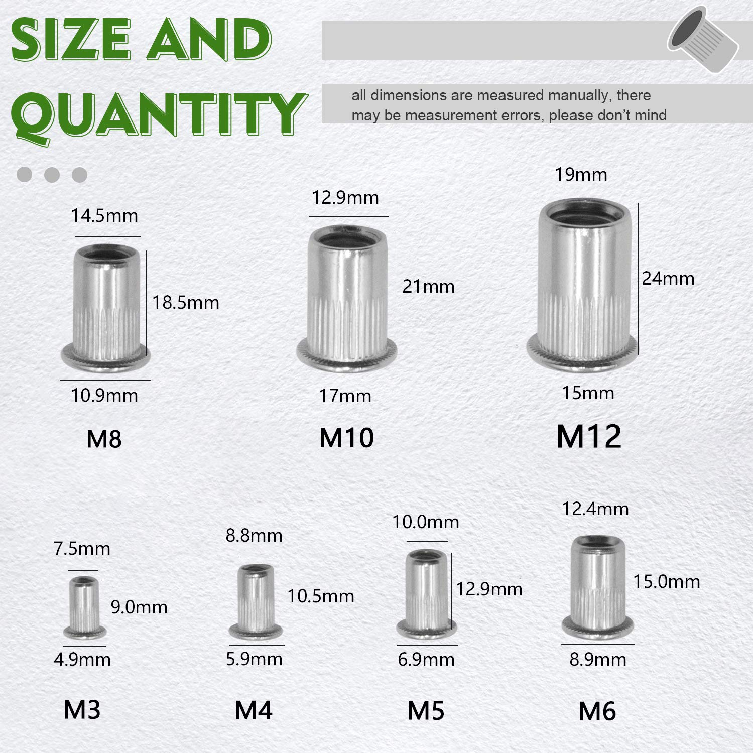 Waycreat Stainless Steel Rivet Nut, Threaded Rivetnut Insert Nutsert M3 M4 M5 M6 M8 M10 M12 Assortment Kit, 189-Pack - Image 3