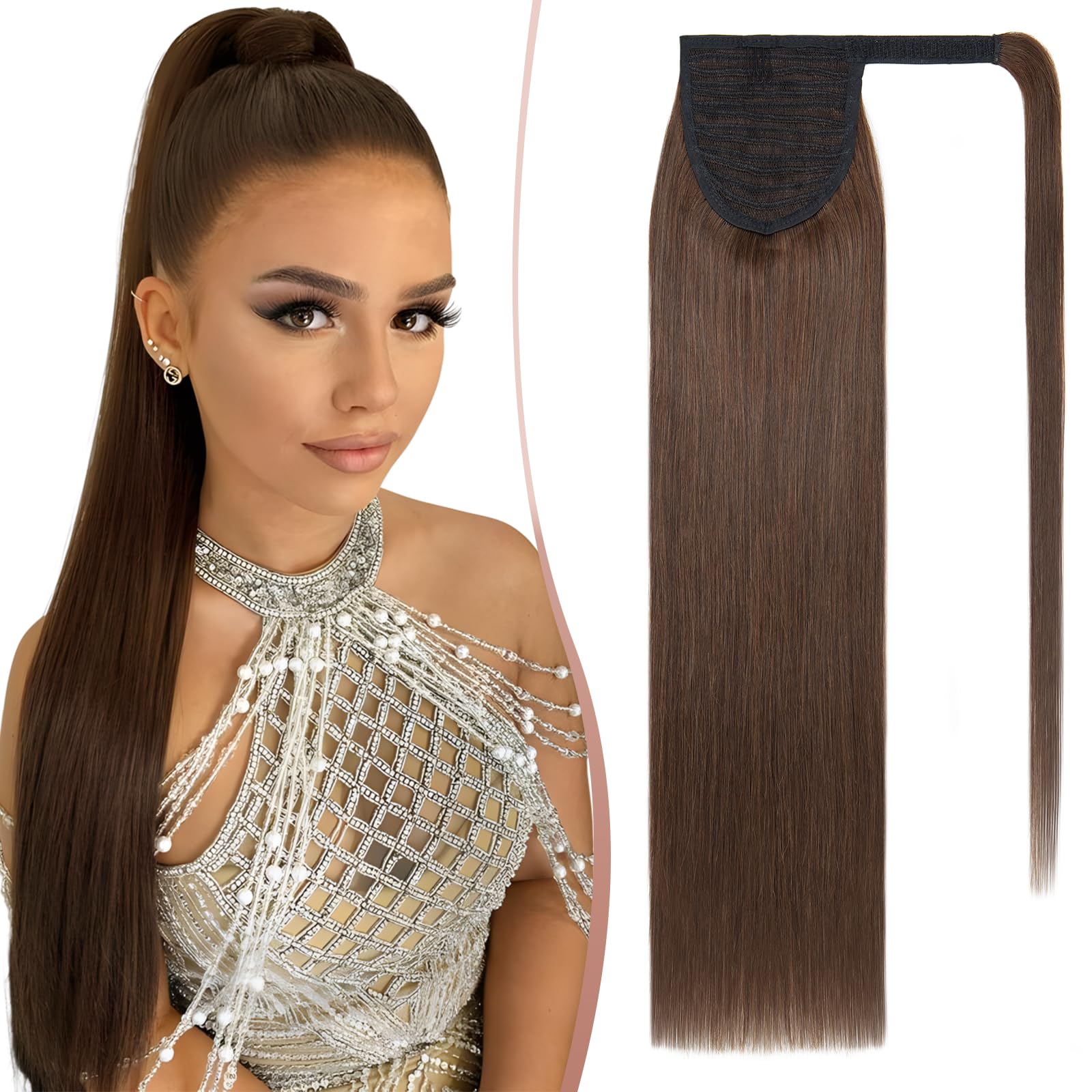 Elailite Hair Extensions Real Human Hair Ponytail Hair Piece 100% Remy Hair - Wrap Around Clip in Straight (16 Inch - #4 Medium Brown)