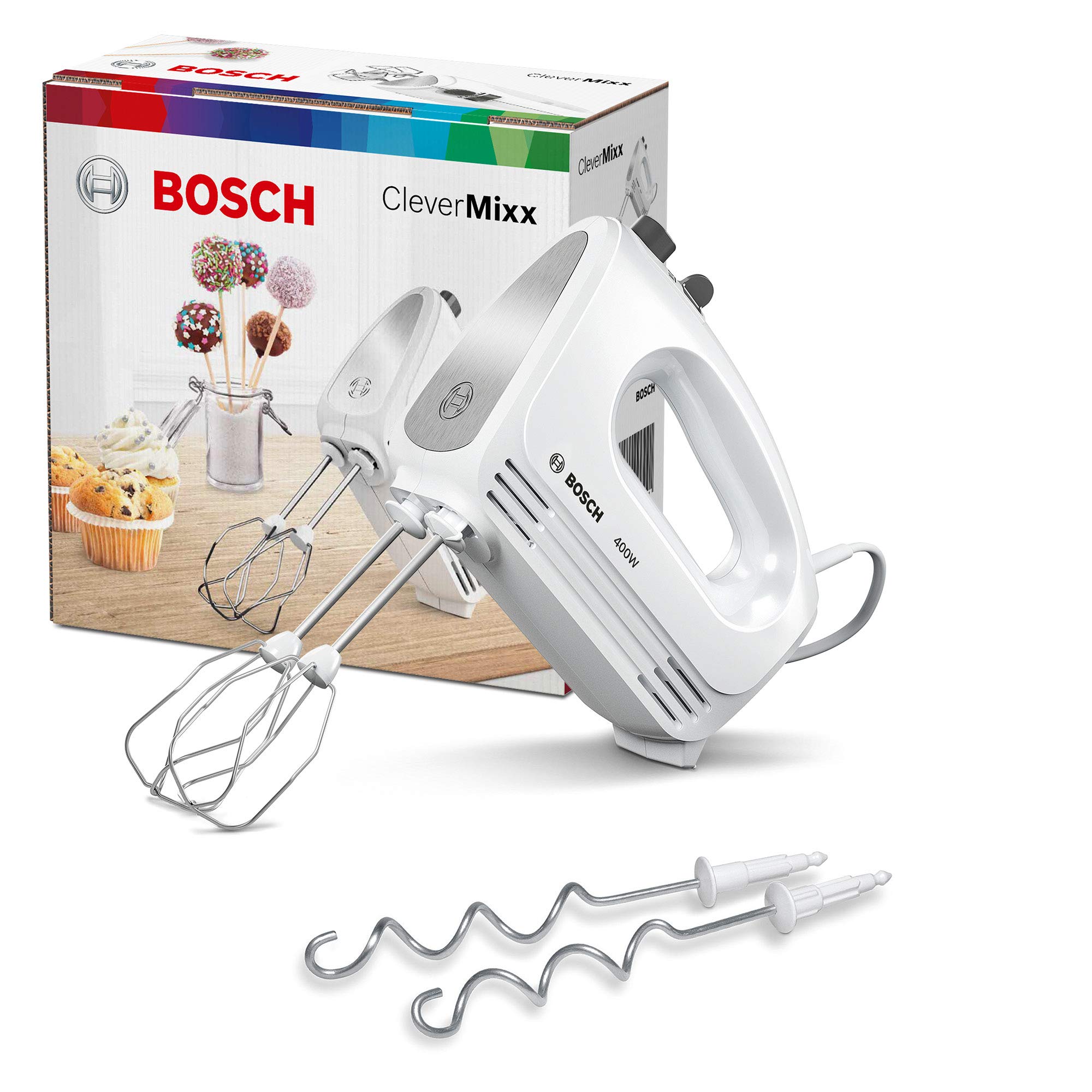 Bosch Handrührgerät, 2 Rührbesen, 2 Knethaken, Edelstahl, spülmaschinenfest, 4 Stufen, Turbostufe, leicht, leise, 400 W, weiß, CleverMixx MFQ24200 2