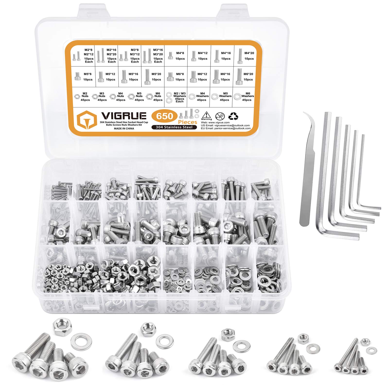 VIGRUE Set of 650 M2 M3 M4 M5 M6 Hexagon Socket Screws Set of 304 Stainless Steel Full Thread Cylinder Screws with Nuts and Washers in Assortment Box