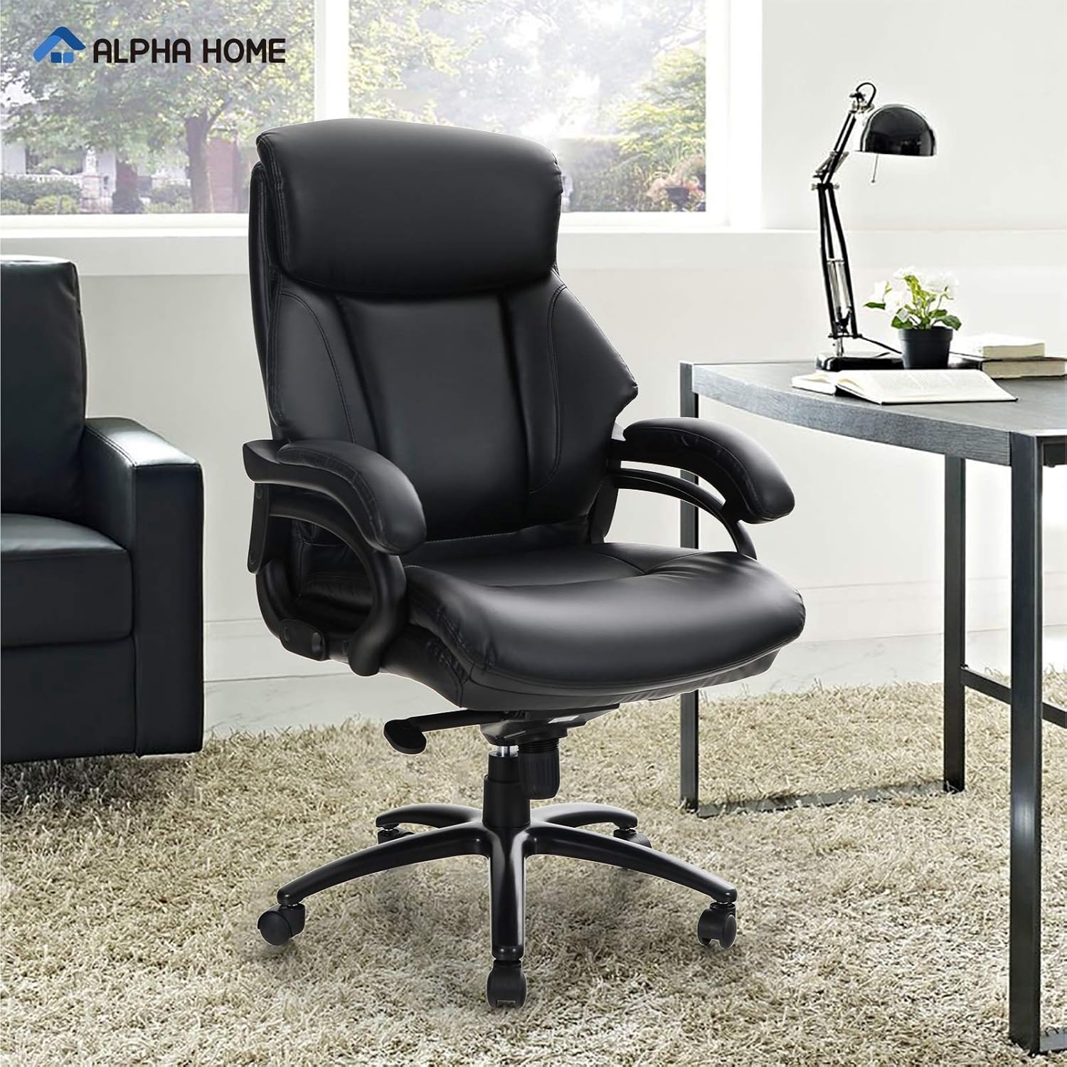 ALPHA HOME Ergonomic Office Chair High Back Executive Chair Managerial Computer Desk Chair with Lumbar Support Big Tall Adjustable Height Rolling Swivel Chair with Caster Black -Capacity 400 lbs: Kitchen & Dining