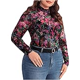 WDIRARA Women's Plus Size Floral Print Sheer Mesh Top Round Neck Long Sleeve Blouse