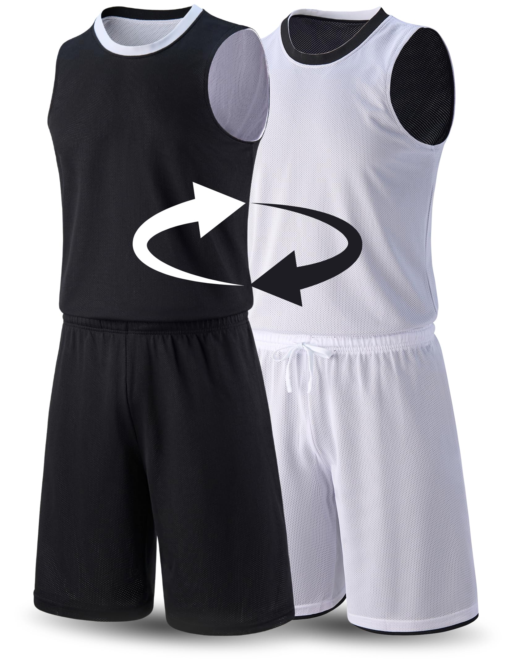 Photo 1 of 1 Set of Men's Reversible Basketball Jersey and Shorts, Double-Sided Custom Athletic Uniforms for Team Sports Practice (Black/White, Medium)