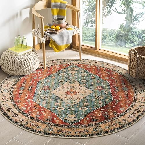 Lahome Boho Tribal Round Rug 4ft Washable Bedroom Round Area Rugs for Entryway, Soft Living Room Circular Rugs, Oriental Non-Slip Foyer Throw Mat Carpet for Nursery Kitchen (Rust/Dull Teal,4ft-Round)