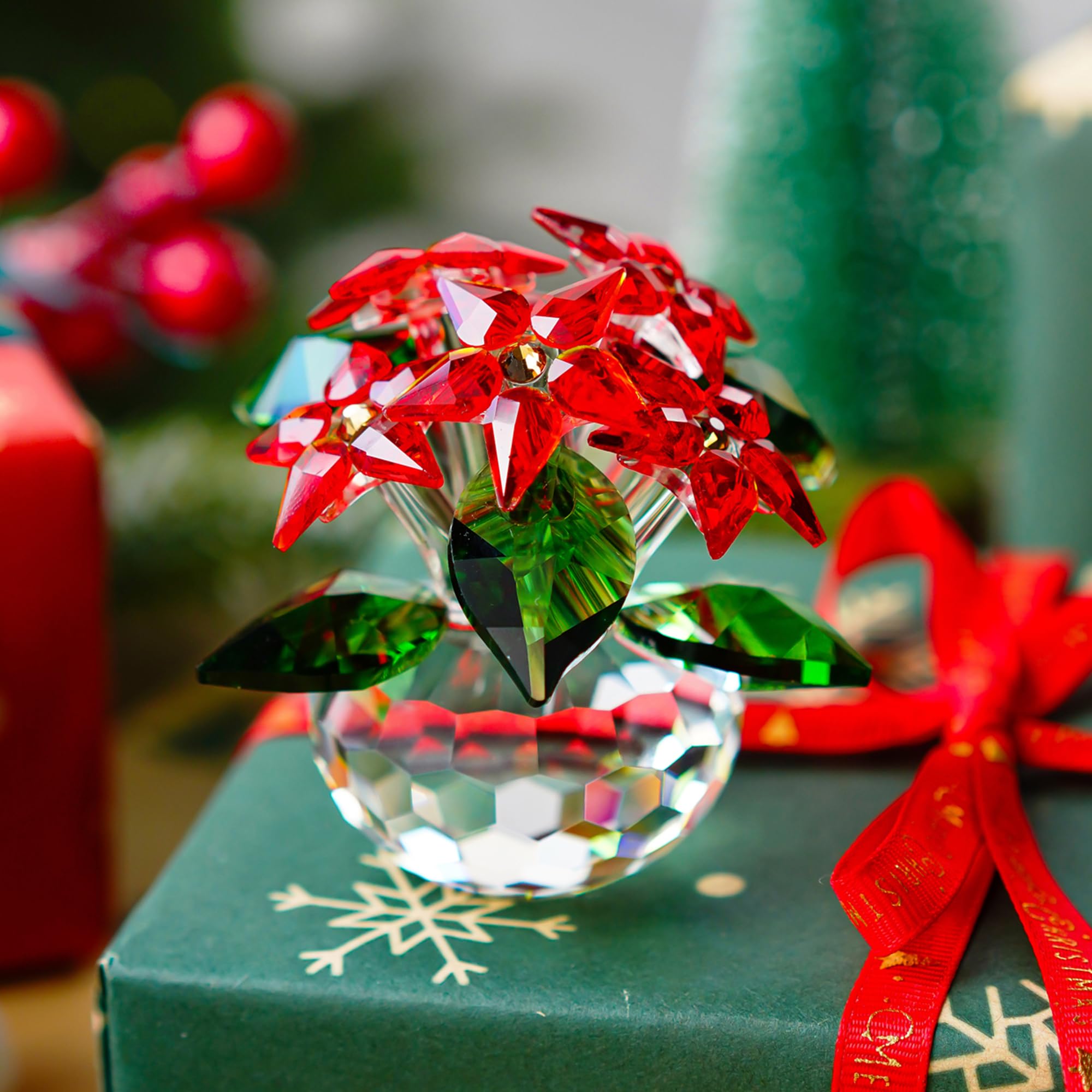 Crystal Poinsettia Figurines Ornament Home Decoration Collection (Red 6pcs Flower)