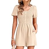 Simplee Womens Summer Short Sleeve Romper Casual Loose Decorative Button Smocked Dressy Shorts Jumper Jumpsuit 2025