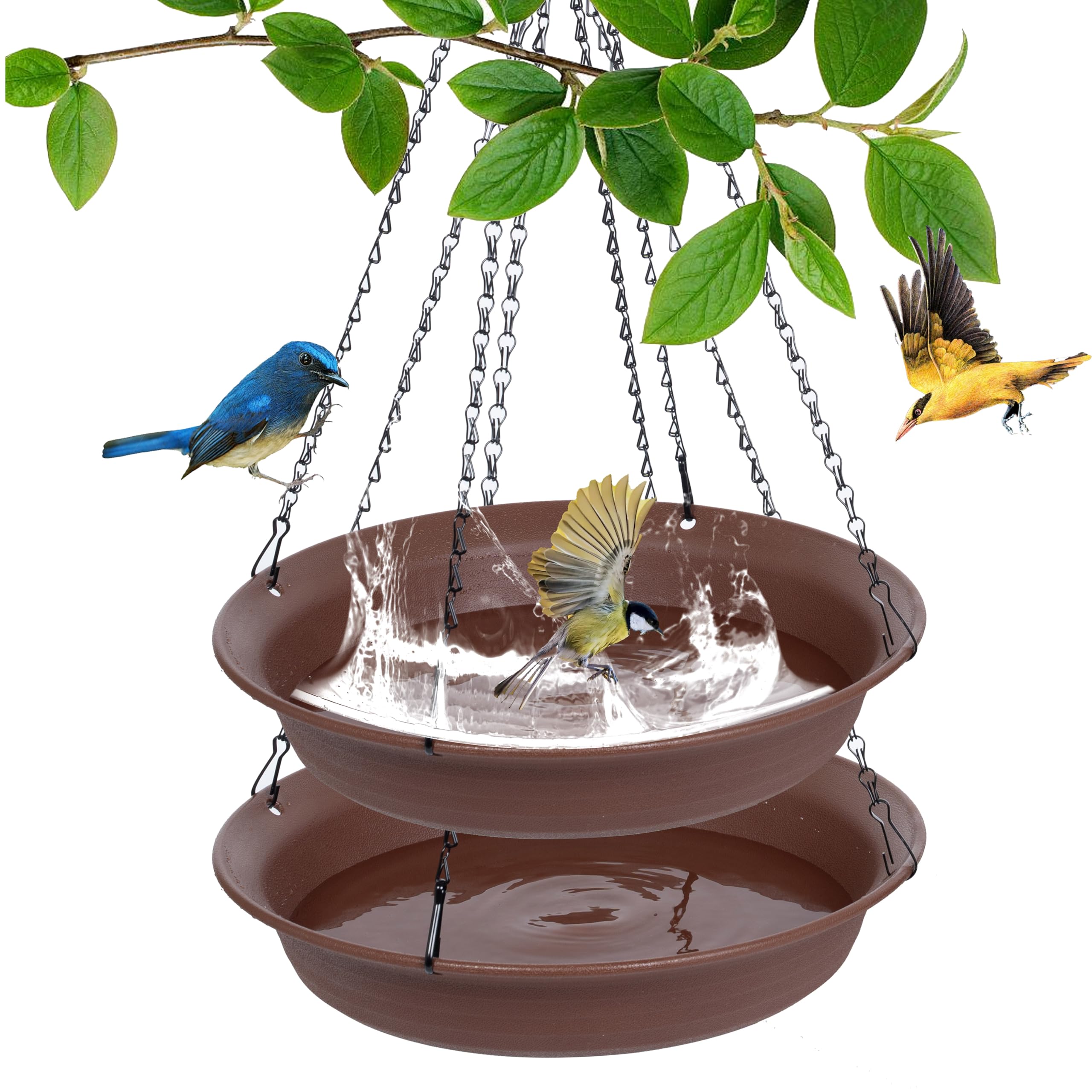 Photo 1 of VUWEZ Hanging Bird Bath, Hanging Bird Water Feeder for Outdoors, Feeder Bowl, 2 Pack Birdbath Tray Accessories for Outside, Plastic Birdbaths Tray for Garden Patio Decoration (14", Chocolate)