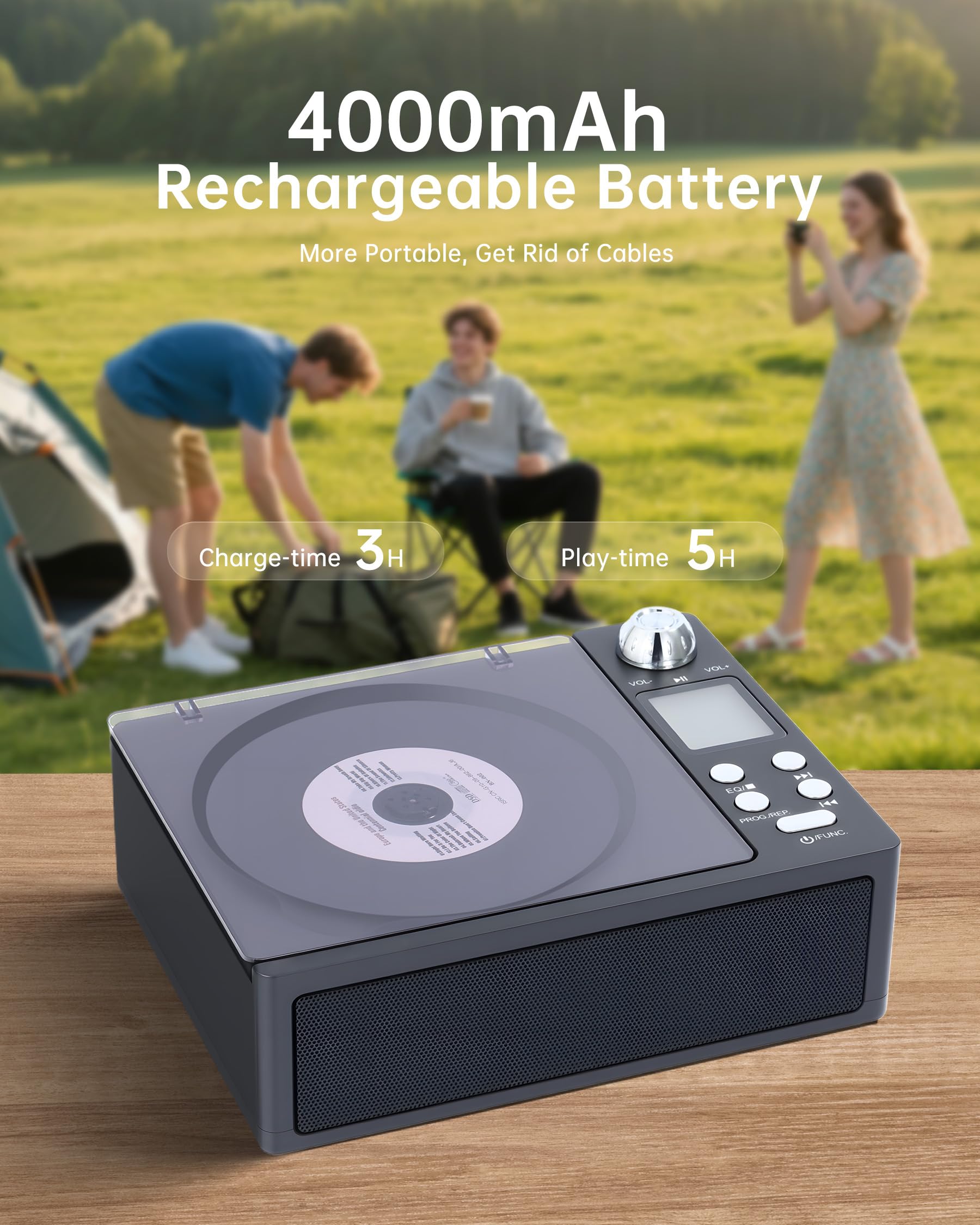 CD Player Portable with Bluetooth and Speakers: Rechargeable 4000mAh Battery, Bluetooth 5.3 Transmitter & Receiver, FM Radio, USB/TF/AUX, Optical Out, A-B Repeat - Home Audio Music Player