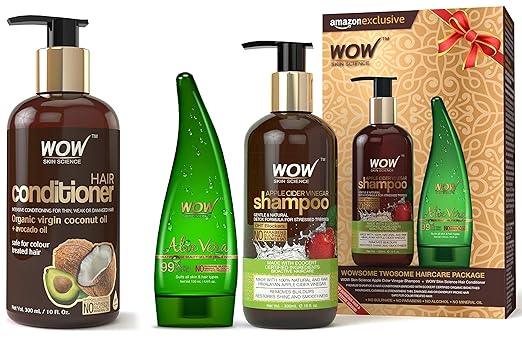 WOW Coconut & Avocado Oil No Parabens & Sulphate Hair Conditioner, 300mL & Apple Cider Vinegar Shampoo, 300ml with 99% Pure Aloe Vera Gel, 130ml Combo