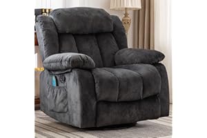 CANMOV Massage Swivel Rocker Recliner Chair with Heat and Vibration,360 Degree Manual Swivel Rocking Recliners with Side Pocket, Comfy Fabric Single Sofa Reclining Chair for Living Room, Grey