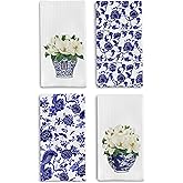 Qpenm Blue and White Porcelain Chinoiserie Kitchen Towels Set of 4 - Chinoiserie Decor Dish Towels for Kitchen, Blue and White Decorative Hand Towels for Bathroom Kitchen, 16x24 Inches