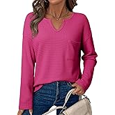 Dokotoo Womens Tops Waffle Knit Long Sleeve Notched V Neck Shirts Casual Trendy Solid Color Loose Blouses