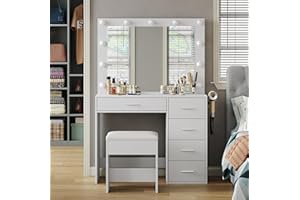 Yanosaku Vanity Desk with Power Outl,Makeup Table with Lighted Mirror, 3 Color Lighting Modes, Brightness Adjustable, Dressing Table with Drawers, Vanity Table Set for Women, Girls, White