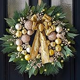Christmas Wreath with Lights, 24 Inch Christmas Wreaths for Front Door with Christmas Ball Ornaments, Lifelike Pine Cones Berries & Bow, Christmas Door Wreath for Indoor Outdoor Wall Decor