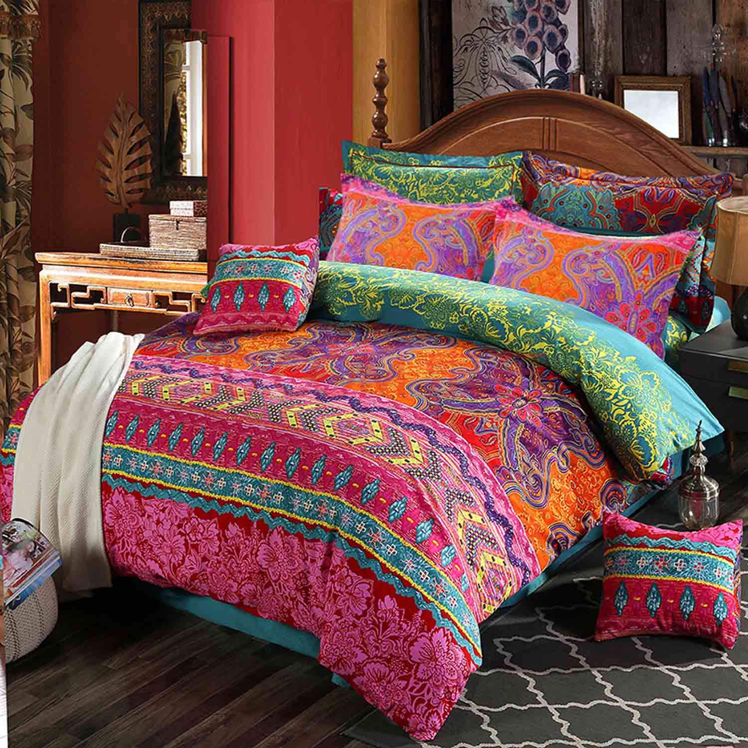 Photo 1 of NANKO Queen Duvet Cover Set Boho Red and Green Colorful Vintage Striped Print 3pc 90 x 90 Luxury Soft Microfiber Down Comforter Quilt Bedding Cover with Zipper Ties - Bohemian Exotic for Men and Women