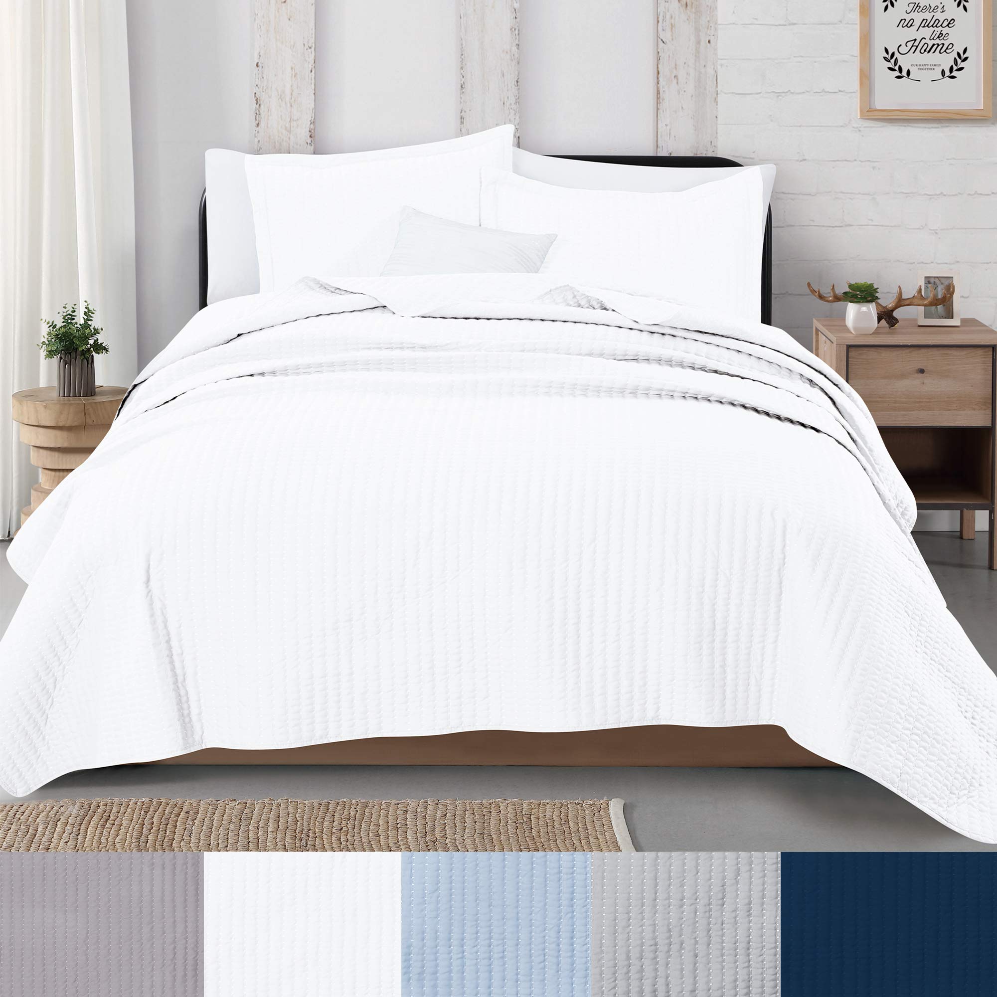 Great Bay Home 3-Piece Detailed Channel Stitch Quilt Set with Shams. White King Quilt Set, All Seaso