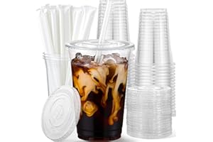 AOZITA 25 Pack - 16 oz Plastic Cups with Lids and Straws, Clear Iced Coffee Cups with Lids, Disposable Cups with Lids for Cold Drinks, Iced Tea, Milkshakes, Smoothies - Durable & BPA Free