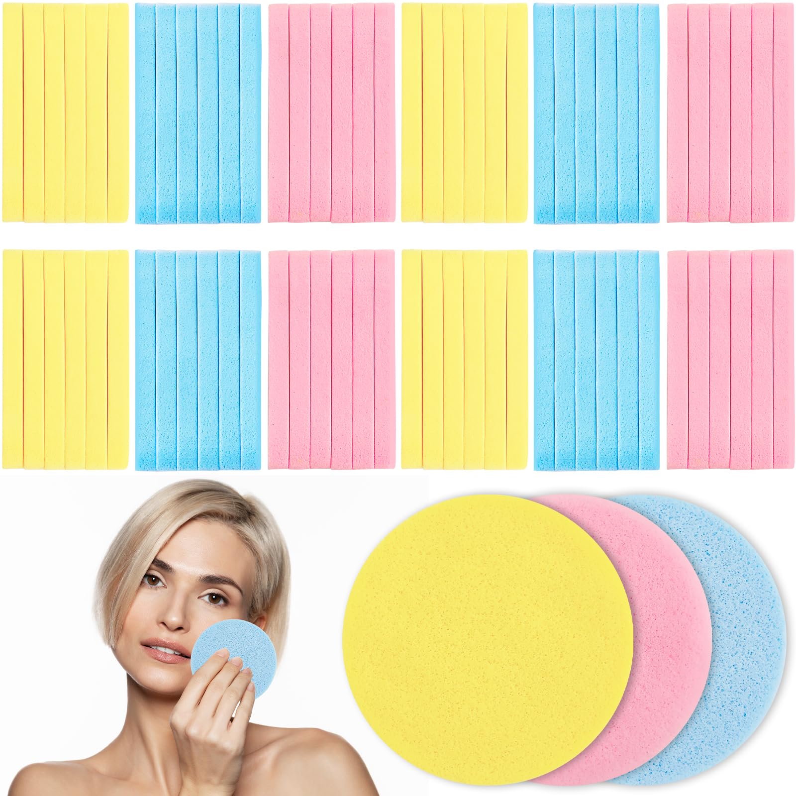 Photo 1 of 120 Pieces Facial Sponge Compressed,Round Face Cleansing Sponge,Makeup Removal Sponge Pad for Exfoliating Wash,Spa,Mask(Yellow,Pink,Blue)