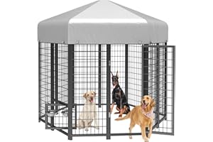 SINO LUBAN Outdoor Dog Kennel Outside with Swivel Feeder/Removable Small Door-7x7x6.5FT Large Outdoor Pens Run Enclosure Cage with Roof&Bowl, Heavy Duty for Large Breed(Can Connect Your Doghouse)