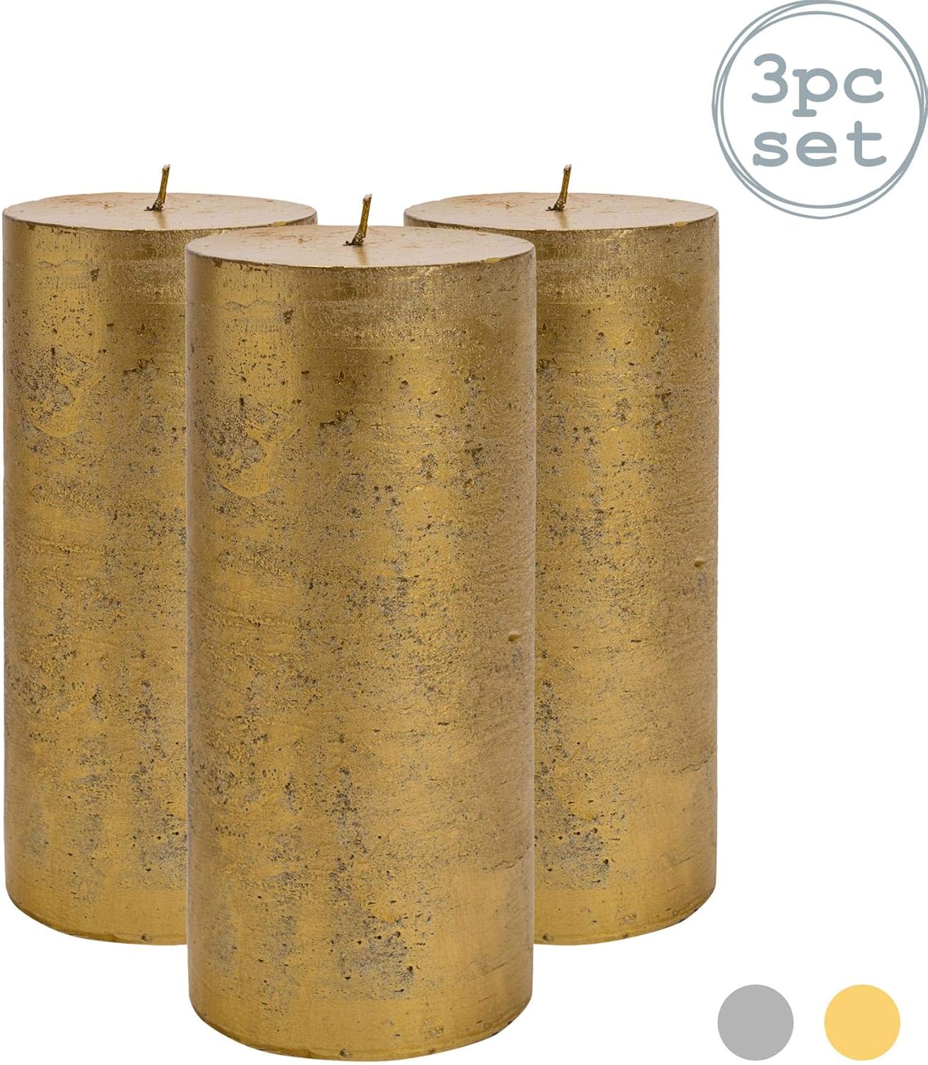 Nicola Spring 3pc Metallic Tall Pillar Candle Set Large Luxe Candles