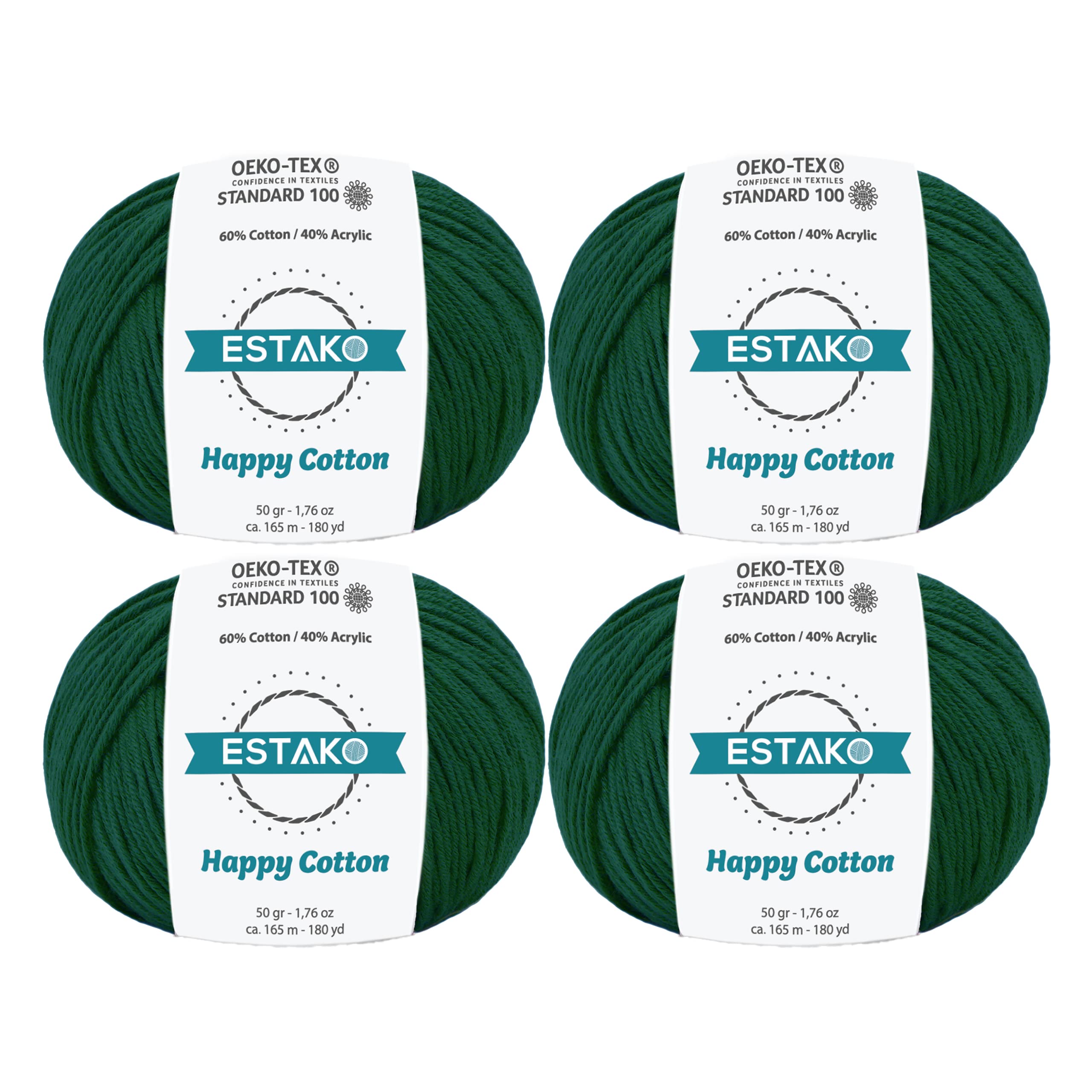 Photo 1 of Estako Happy Cotton, (4 Skeins Pack) 60% Cotton 40% Acrylic Yarn, Soft, Fine/Sport (2) for Crochet and Knitting (4 x 1.76 Oz) / (4 x 180 Yrds) (4930 - Dark Green)