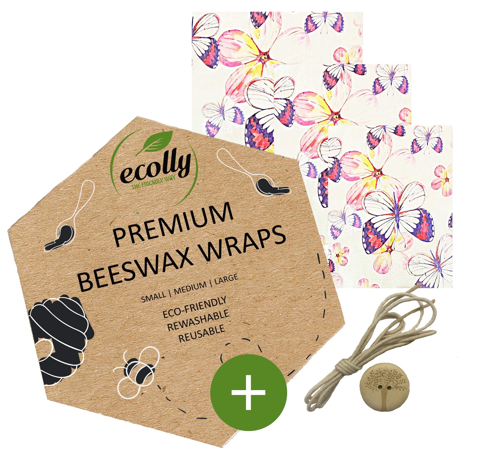 ecolly Premium Beeswax Wraps - Set of 3 (S, M, L), Beeswax Wipes, Beeswax Paper, Free of plastic & reusable, without jojoba oil, incl. wooden button & cotton thread - Butterfly