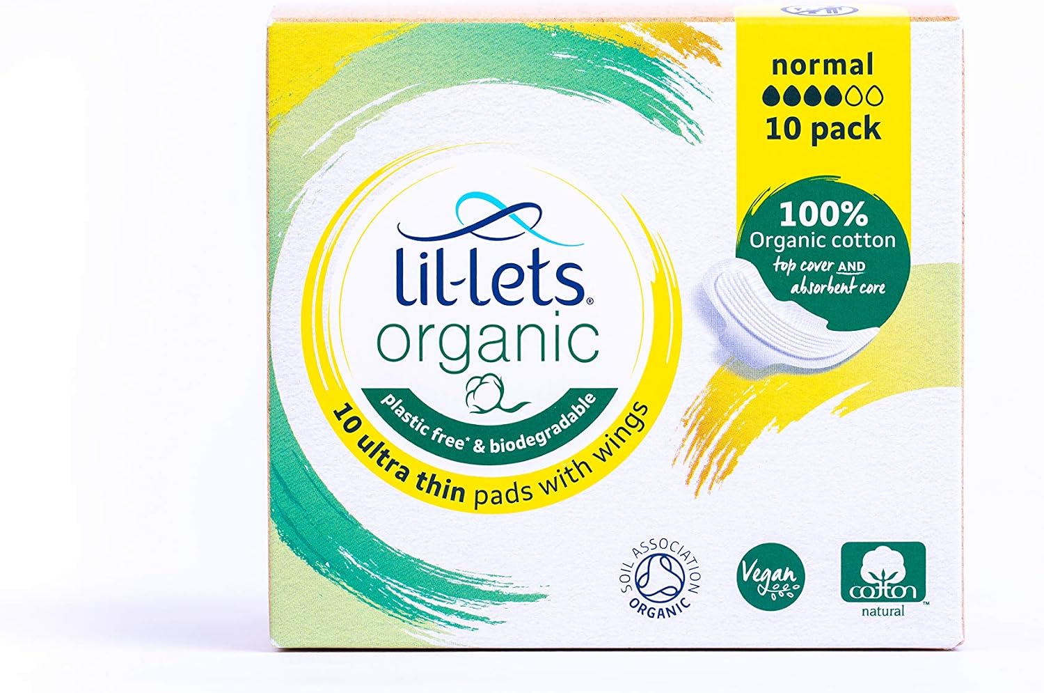 Lil-Lets Organic Cotton Normal Pads, 10 Count, Ultra Thin, with Wings, for Light to Medium Flow GOTS Certified, Plastic Free