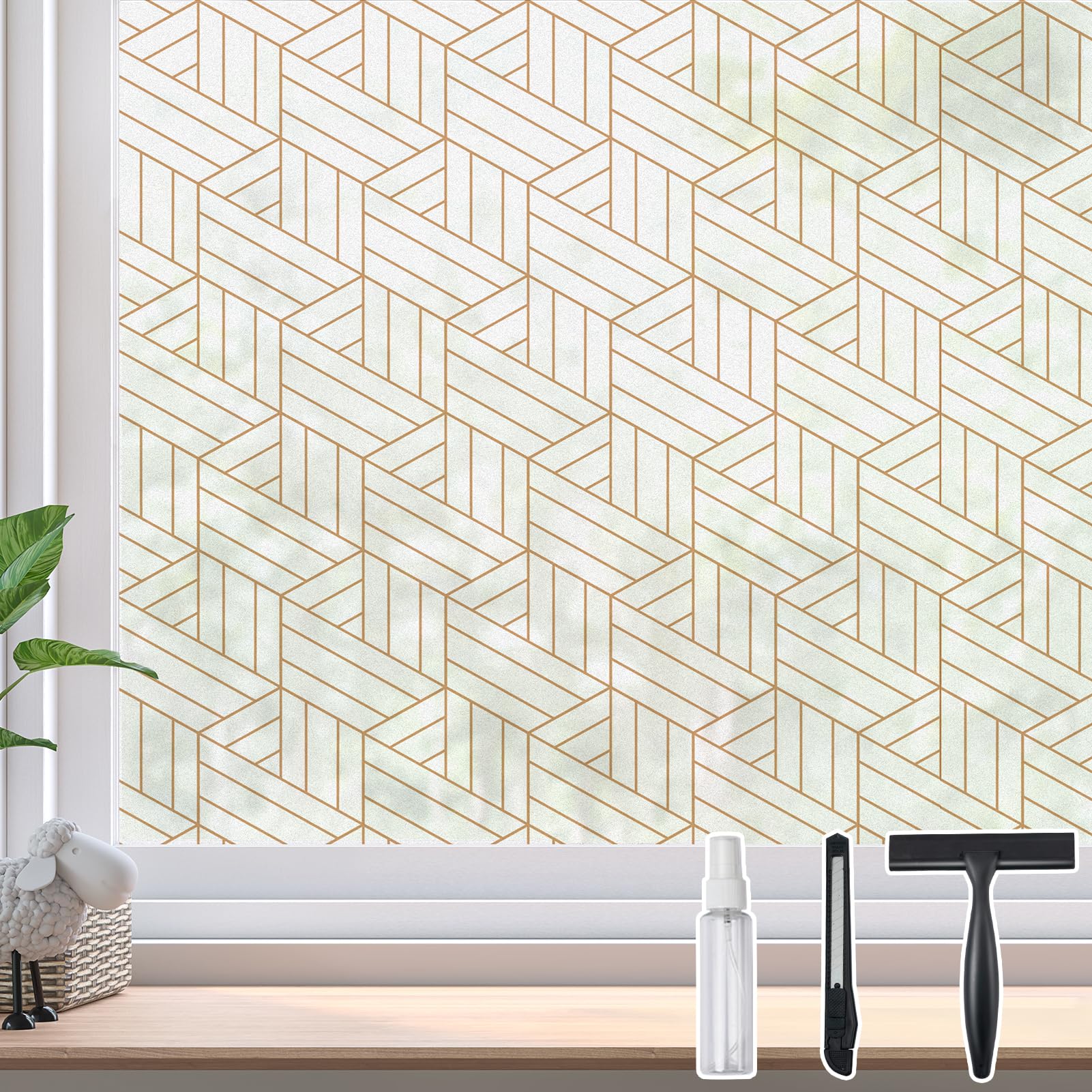 Photo 1 of DKTIE Modern Geometry Stained Glass Window Privacy Film with Installation Tools, Window Film Non Adhesive Frosted Decorative Glass Film (F, 17.7" x 78.7")