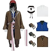 GVLAQST Men Pirate Costume Jack Sparrow Coat Vest Sash Pants Belt Goatee Beads Halloween Renaissance Party Outfit Brown