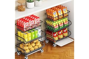 Miyawell 3-Tier Rolling Pantry Cart with Wheels, Stackable Wire Storage Floor Organizer for Kitchen Pantry Snack Shelves, Fruit Basket Stand, Vegetable Storage Rack for Food Snacks Onion Potato