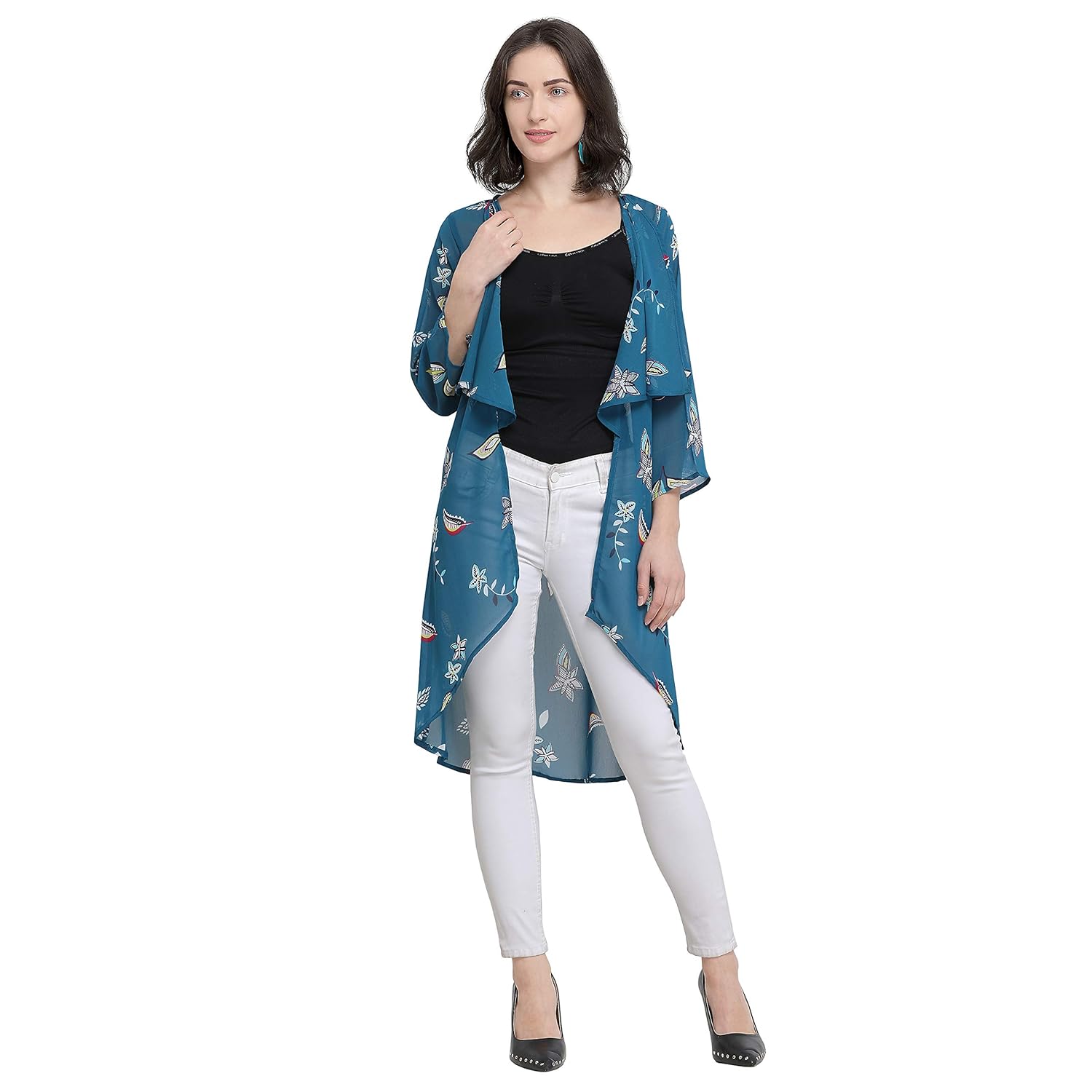 serein women's teal blue botanical floral print georgette shrug/long jacket
