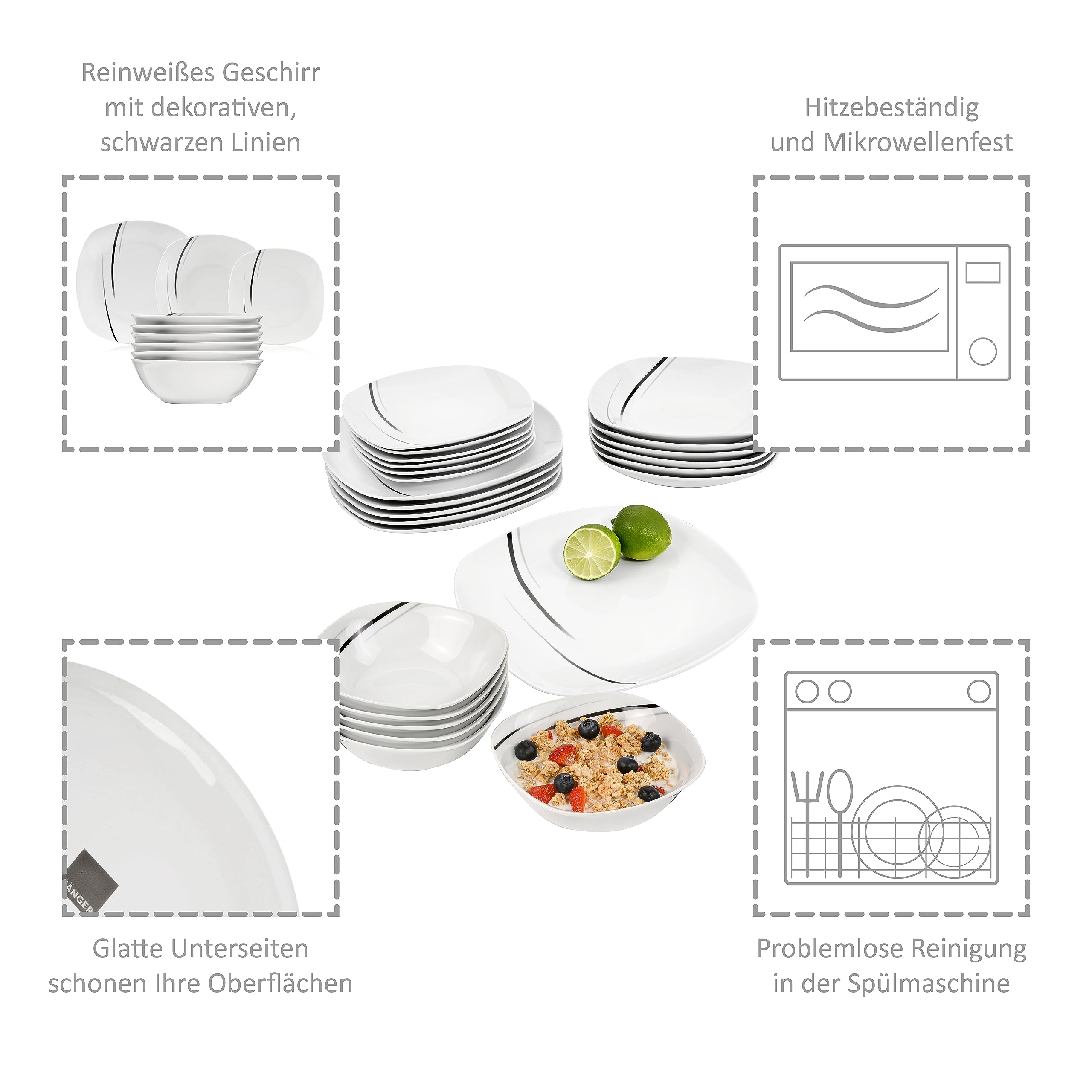 SÄNGER | Kombiservice Bilgola Black Lines 24 teilig, Porzellan Schüsseln & Geschirr Set 6 Personen, Tafelservice, Tiefe Teller, Essteller - spülmaschinenfest mikrowellenfest | PREMIUM COLLECTION 4