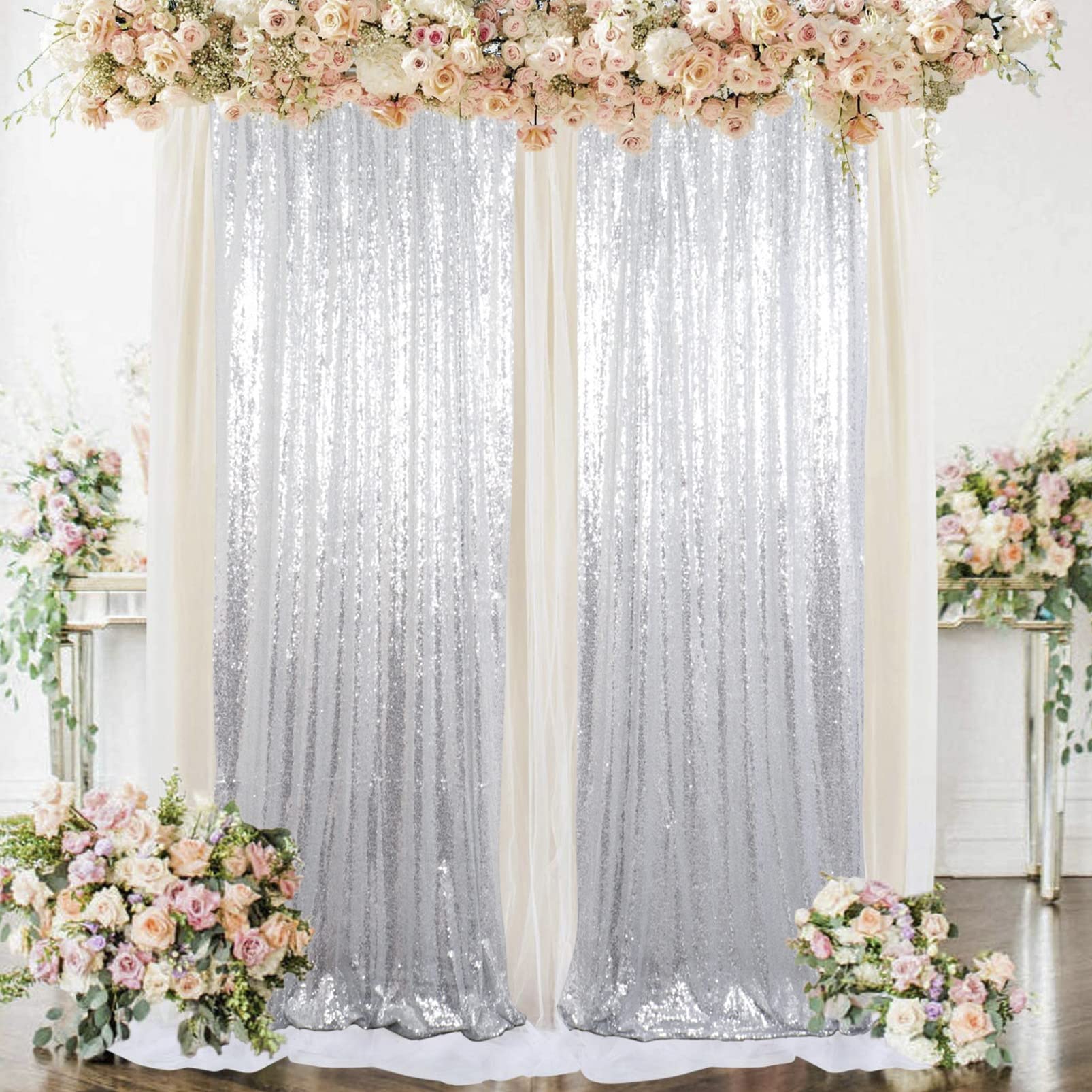 AMZLOKAE Silver Sequin Backdrop 2 Panels 2Ftx7Ft