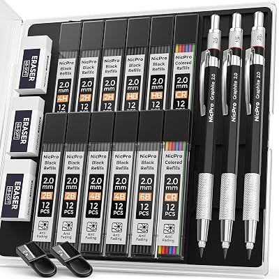 Nicpro 2mm Metal Mechanical Pencil Set with Case 3 Pcs 144 Lead Refills 4H-6B