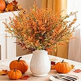 RAINFLOW Thanksgiving Artificial Fall Flowers for Outdoors - 8PCS Faux Flowers for Outdoor Planters, UV-Resistant Artificial Outdoor Lavender Flowers for Vase Table Garden Wedding Decor(Orange Green)