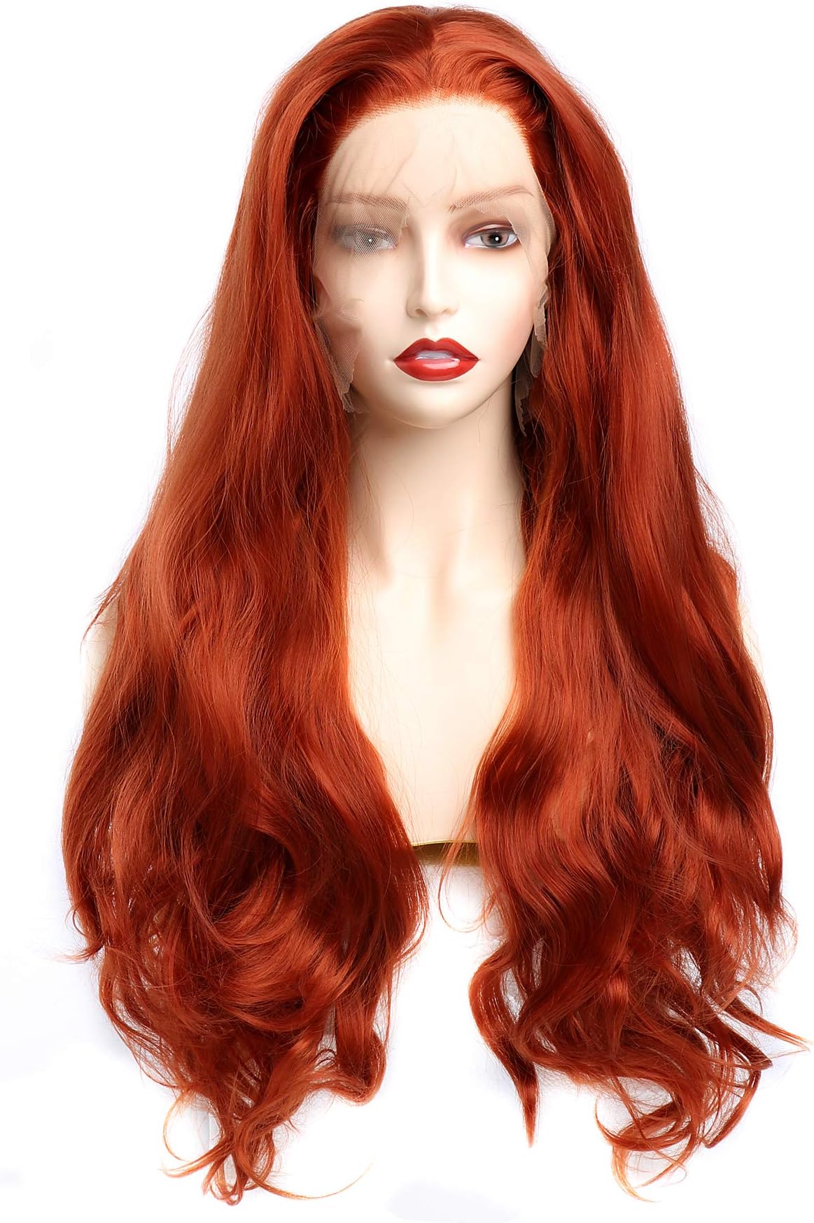 BESTUNG 24 Inches Long Body Wavy Free Part Orange Red Glueless Half Hand Tied Synthetic Lace Front Wig For Halloween Heat Resistant Wig for Women