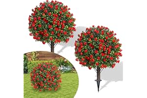 SYKART 25.6" Artificial Topiary Ball Trees with Spike, 2 Pack UV Resistant Artificial Outdoor Shrubs Fake Bushes, Fake Plants Evergreen Tree for Outdoor Front Porch Decor (Red Rose)