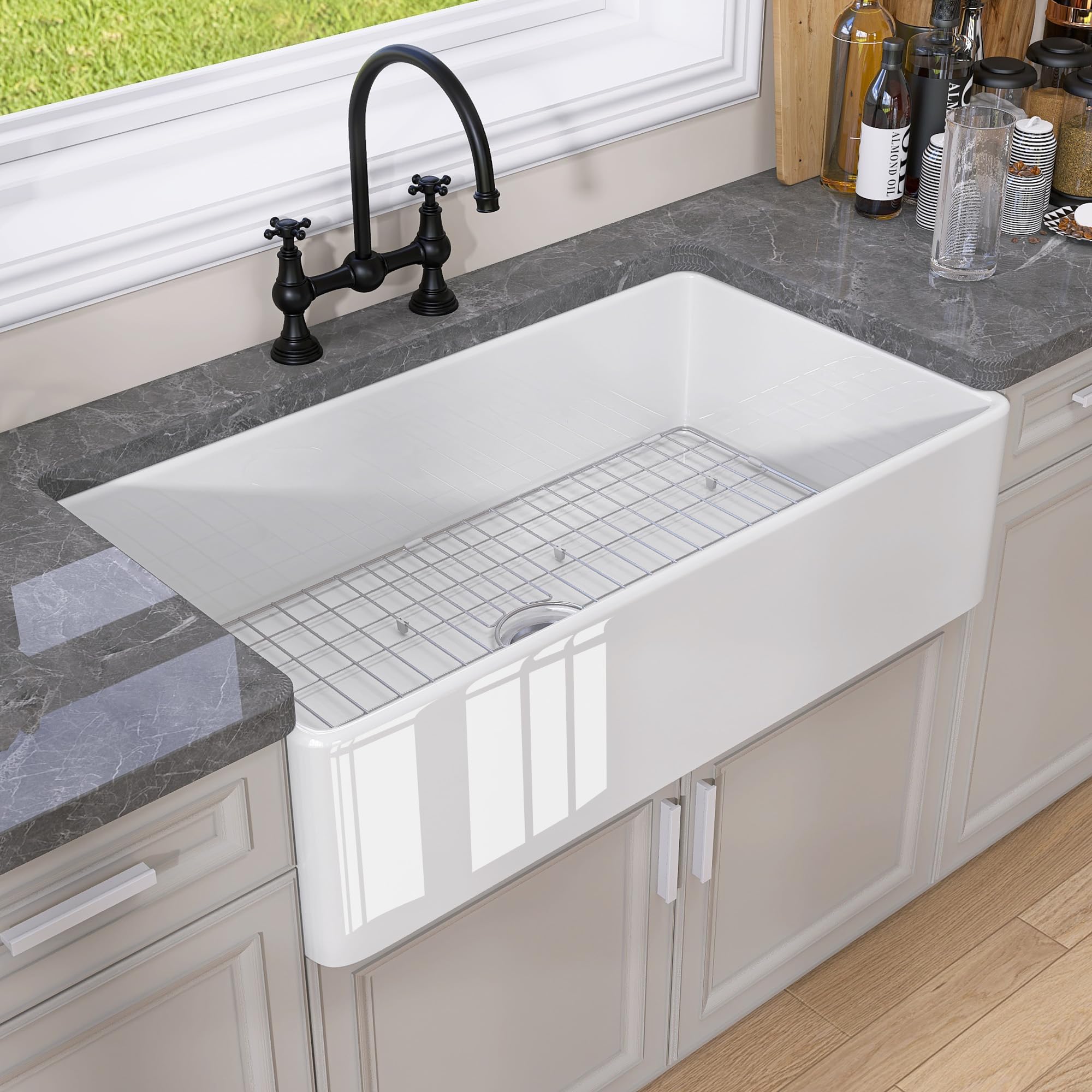 Photo 1 of GETPRO Farmhouse Sink 36 Inch Fireclay White Kitchen Sink Apron Front Farm Sink Large Deep Single Bowl Kitchen Sink Undermount Modern Farmer Sink with Accessories