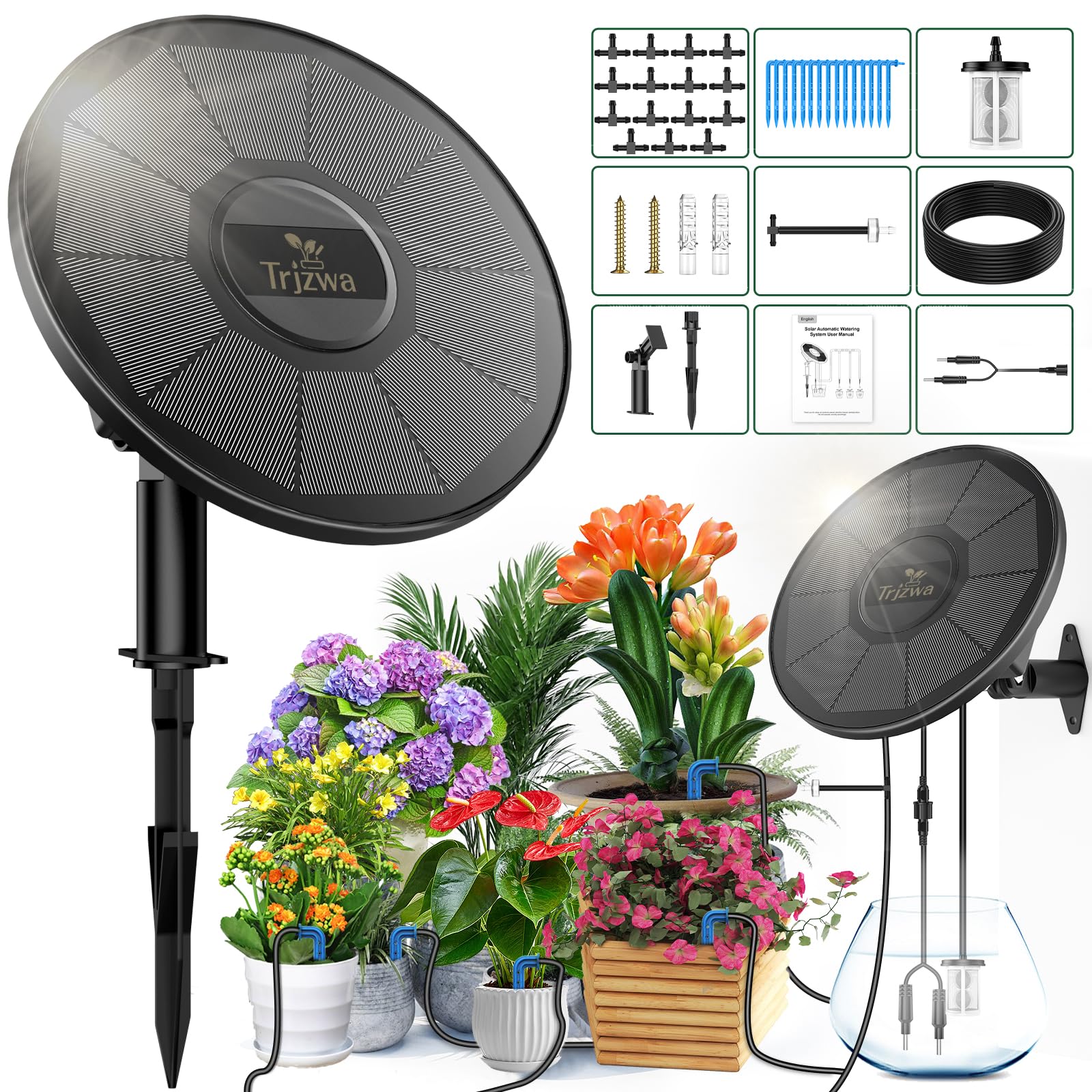 Photo 1 of Solar Irrigation System TRJZWA 2 Pack Automatic Drip Irrigation Kit for Outdoor/Indoor Garden Watering System with Water Level Detection,Drip Irrigation System for 15 Potted Plant with 15m Water Hose