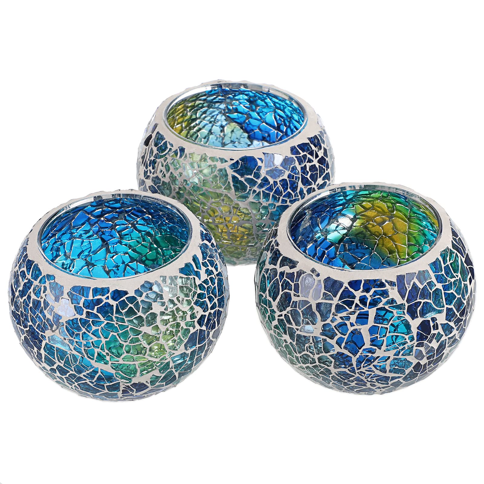 BSTKEY Set of 3 Mosaic Glass Tea Light Candle Holders, Decorative Votive Candle Stand, Round Candle Holder Centerpieces for Table, Wedding, Party, Home Decor (Blue)