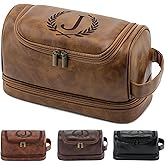 Aganmi Personalized Christmas Birthday Gifts Toiletry Bag for Men Dad Husband, Custom Initial PU Leather Waterproof Toiletry Organizer Dopp Kit Shaving Bag Travel Essential for Men, Light Brown J