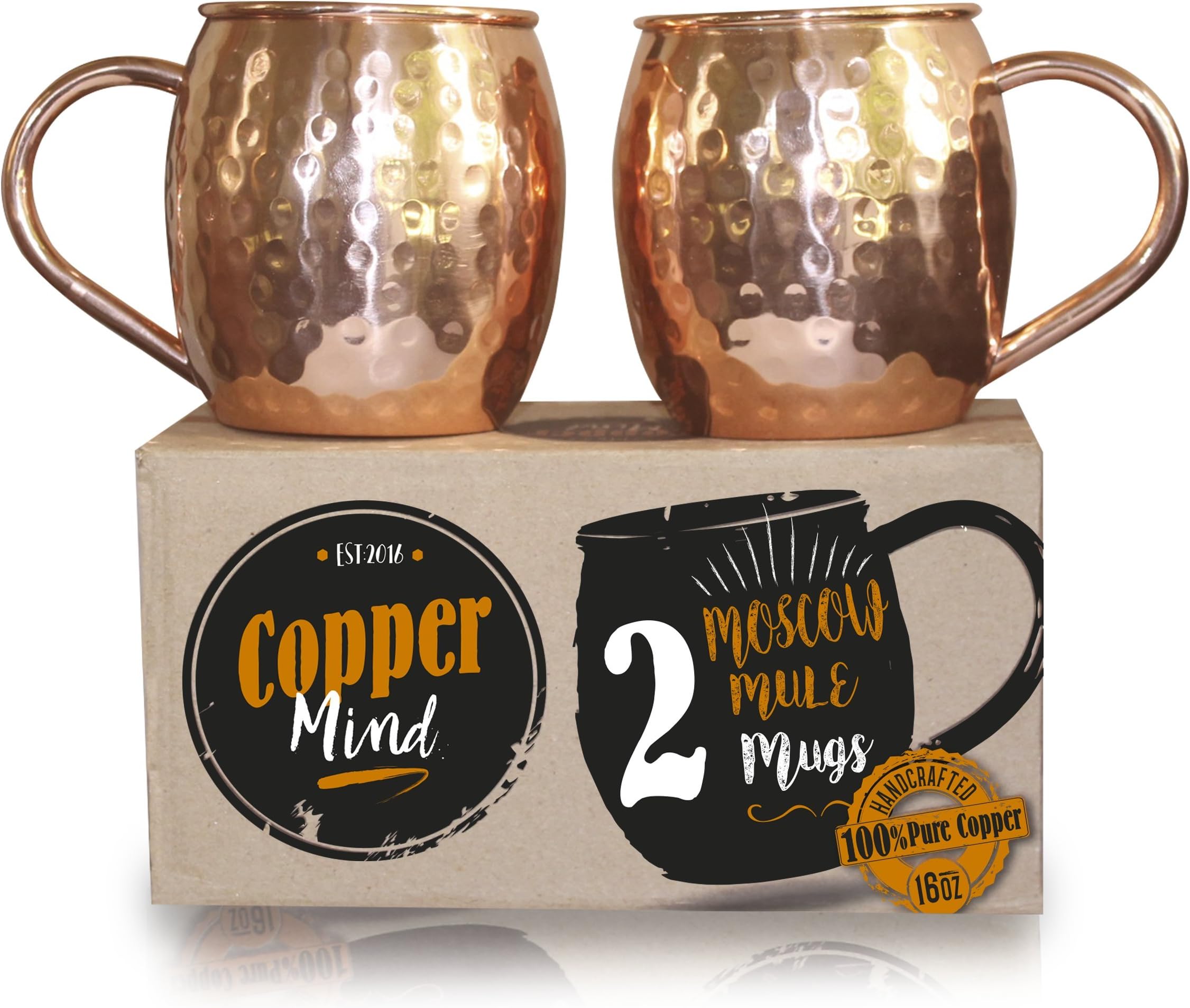 Moscow Mule Copper Mugs - Set of 2 - 16 Oz - 4 inches height - Heavy Weight (compare) - 100% solid copper mugs - Copper cups Hammered Finish - Perfect copper moscow mule set gift